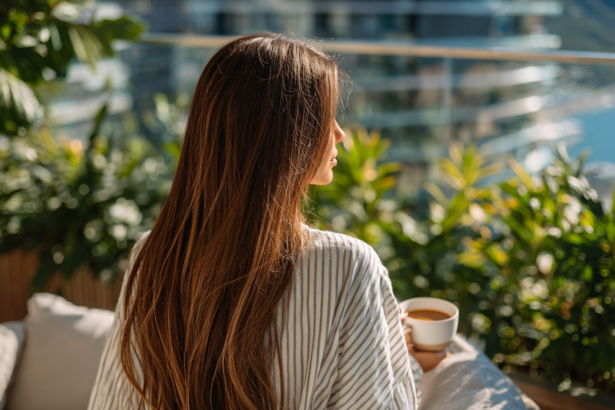 Woman enjoying a quiet morning with coffee, representing financial freedom, time freedom, and intentional living.