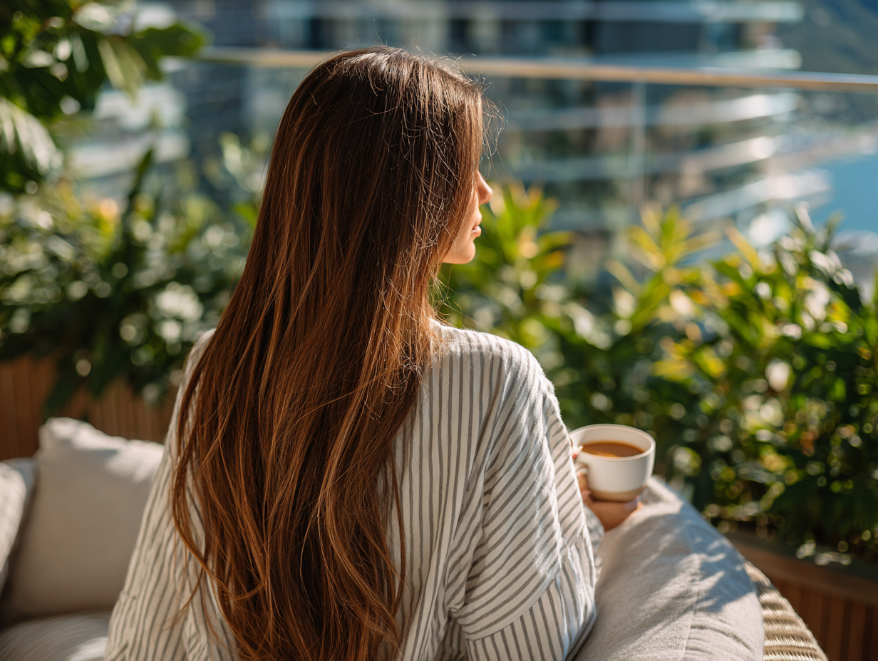 Woman enjoying a quiet morning with coffee, representing financial freedom, time freedom, and intentional living.