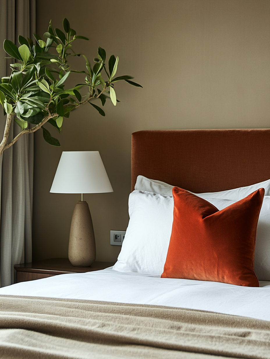 Elegant minimalist bedroom with an upholstered headboard, crisp white bedding, soft accent pillow, and sculptural bedside lamp.