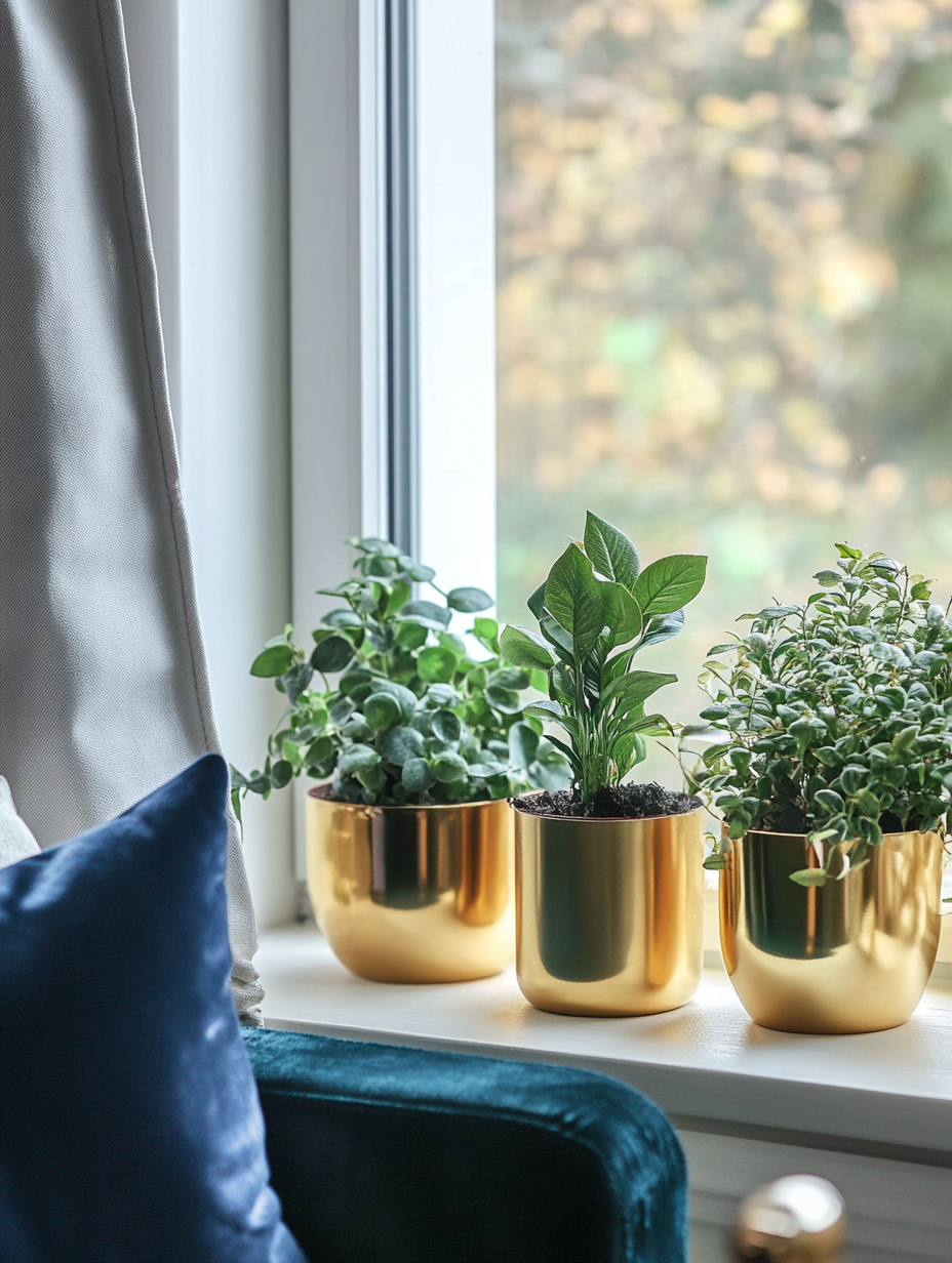 Gold planters with thriving green plants on a windowsill representing balance of the five Feng Shui elements in a modern home