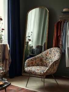 A modern interior featuring a Grandma Chic floral accent chair, brass-framed mirror, soft drapery, and muted walls.
