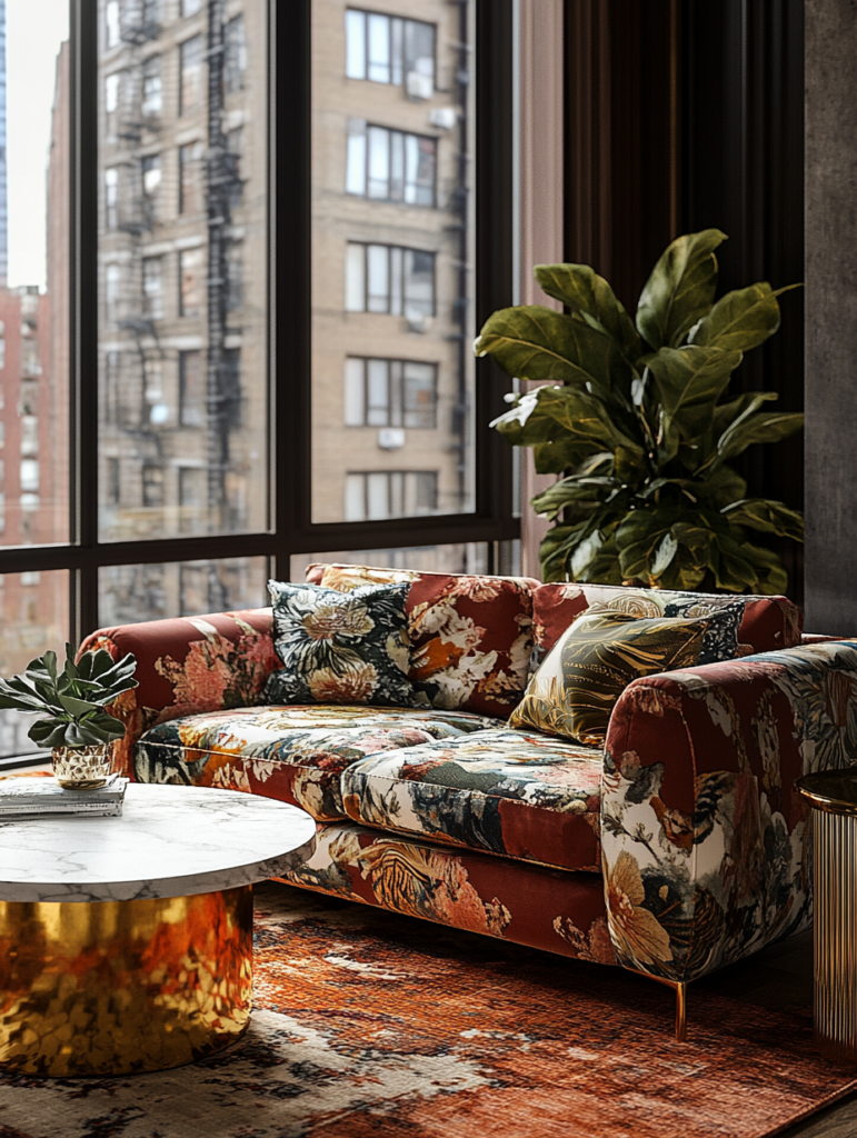 A modern living room with a Grandma Chic floral sofa, marble coffee table, brass accents, and large city windows.