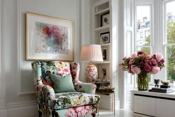 Modern Grandma Chic living space featuring a floral accent chair, porcelain lamp, soft neutrals, and clean architectural lines.