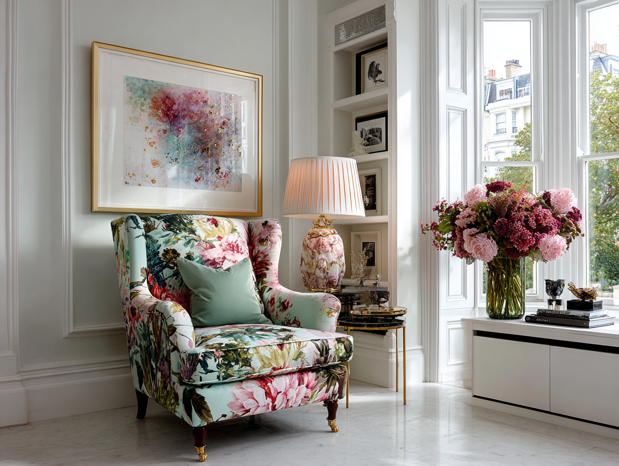 Modern Grandma Chic living space featuring a floral accent chair, porcelain lamp, soft neutrals, and clean architectural lines.