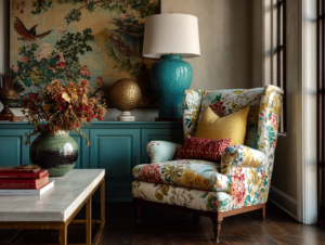 A Grandma Chic floral armchair paired with a ceramic table lamp, soft textiles, and layered vintage-inspired decor in a modern home.