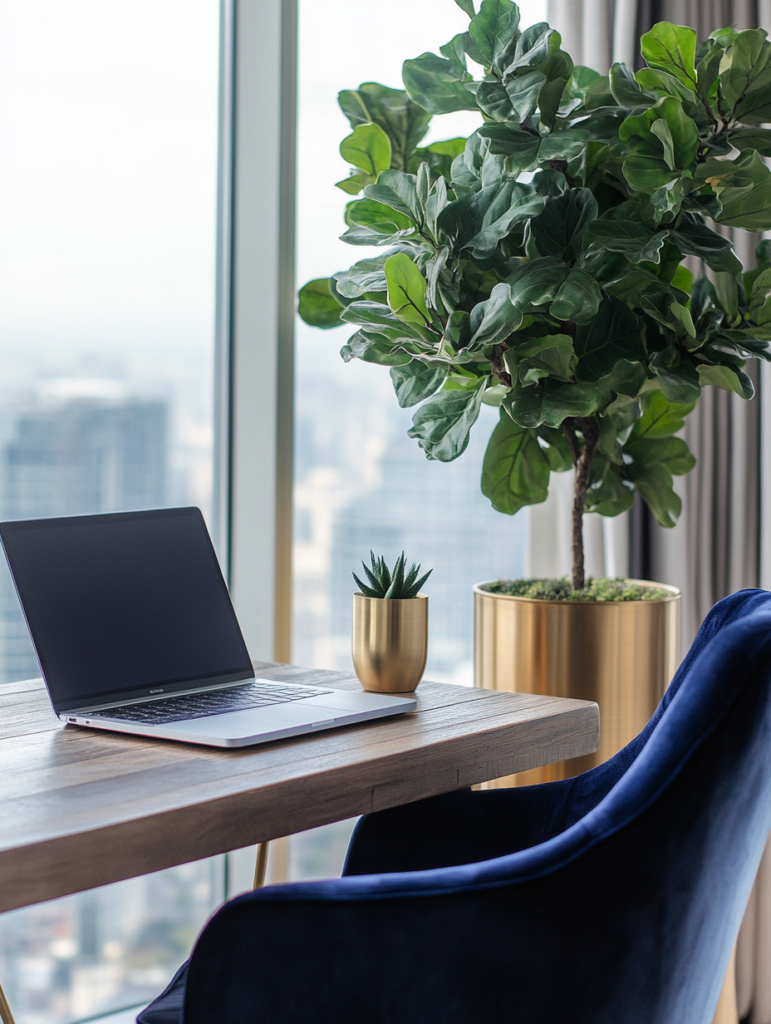 Small green plant in a gold planter on a modern desk near a window supporting focus and calm energy