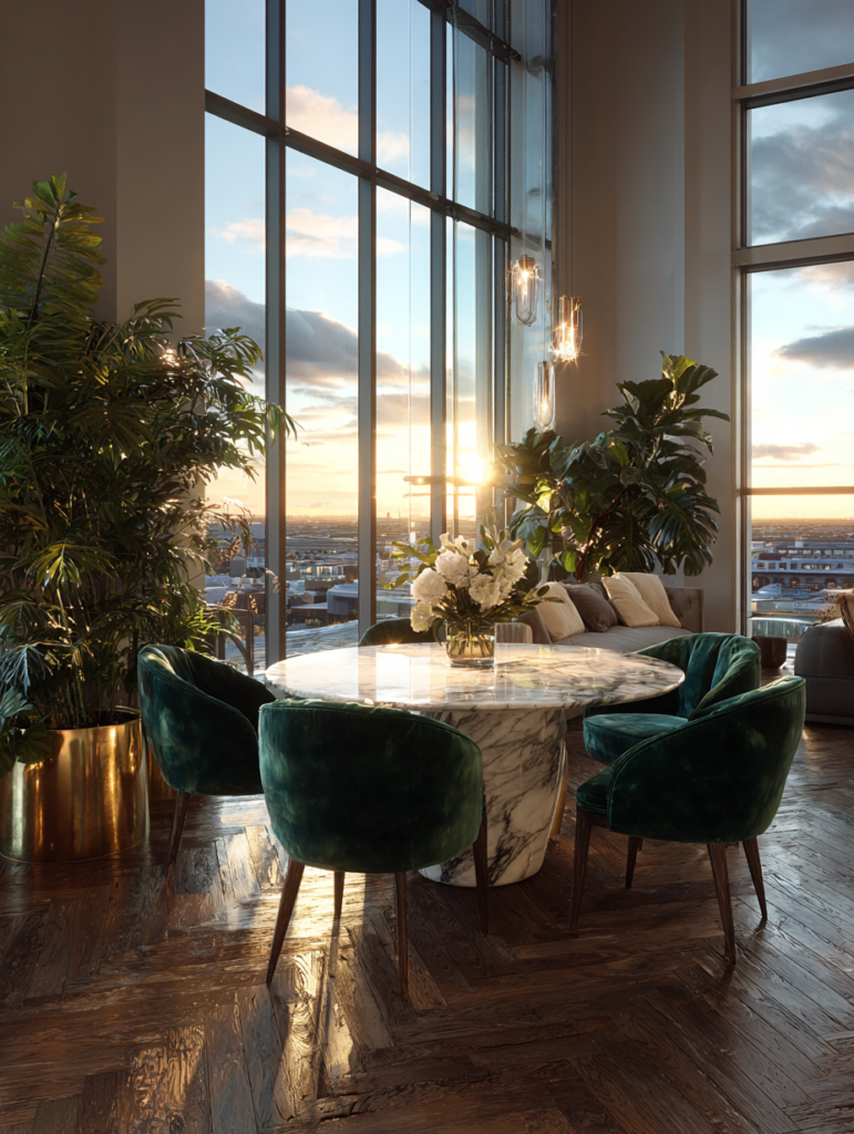 Modern living room with large plants in gold planters and sunset light activating Feng Shui energy