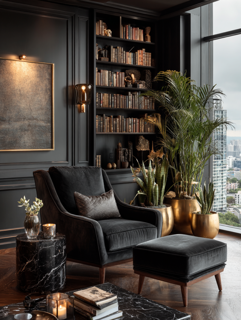 Cozy reading corner with plants in gold planters creating grounding and calm Feng Shui energy