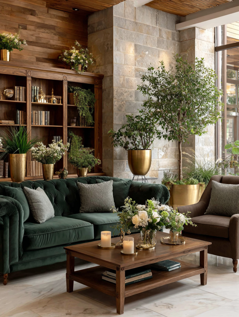 Modern living room styled with plants in gold planters supporting balanced Feng Shui energy