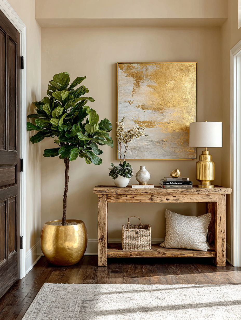 Gold planter with green plant styled on a console table creating welcoming Feng Shui energy