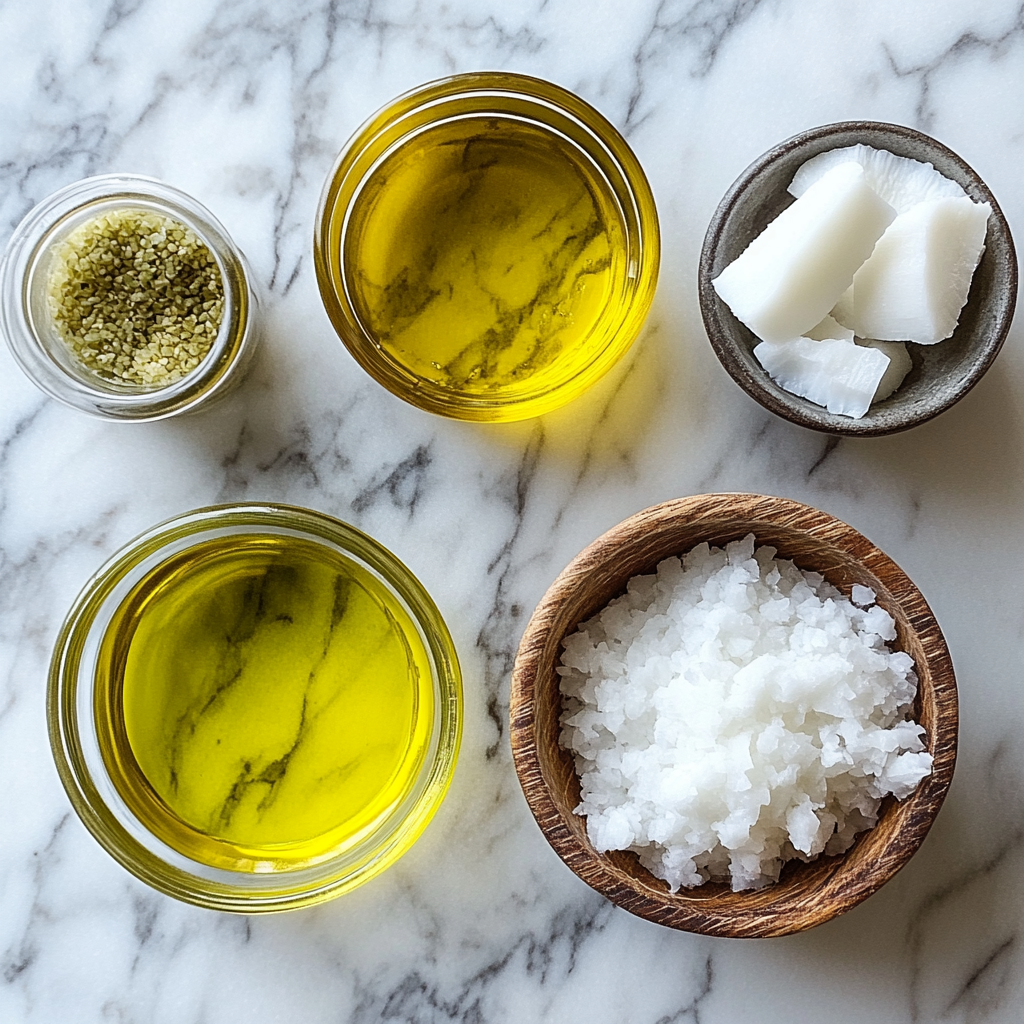 Olive oil, coconut oil, and natural salt arranged on a marble surface representing healthy cooking fats