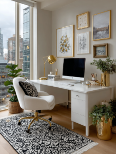Modern home office in a high-rise apartment with city views, natural light, and elegant decor