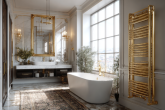 Luxury high-rise condo bathroom with city views, modern design, and elegant finishes