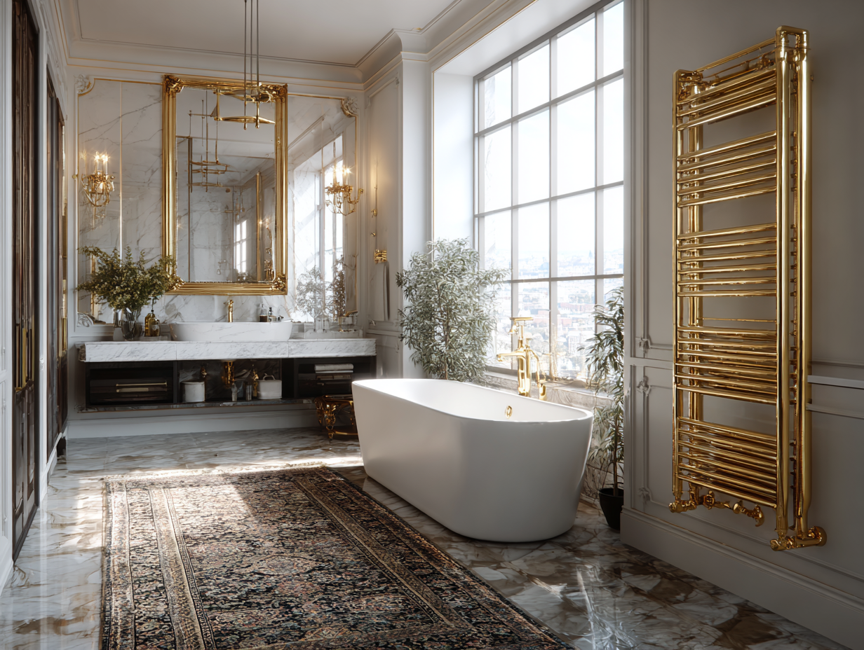 Luxury high-rise condo bathroom with city views, modern design, and elegant finishes