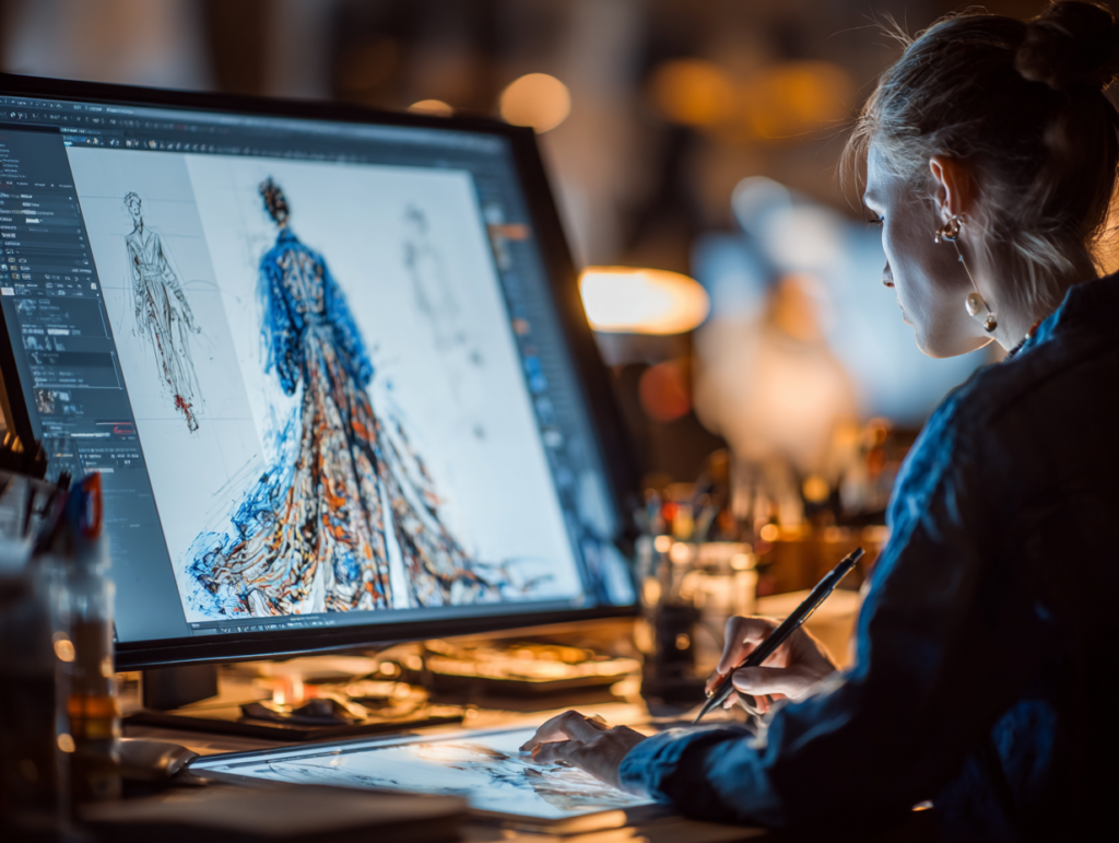 Fashion designer working on a digital dress illustration, representing the moment of discovering a true creative calling.
