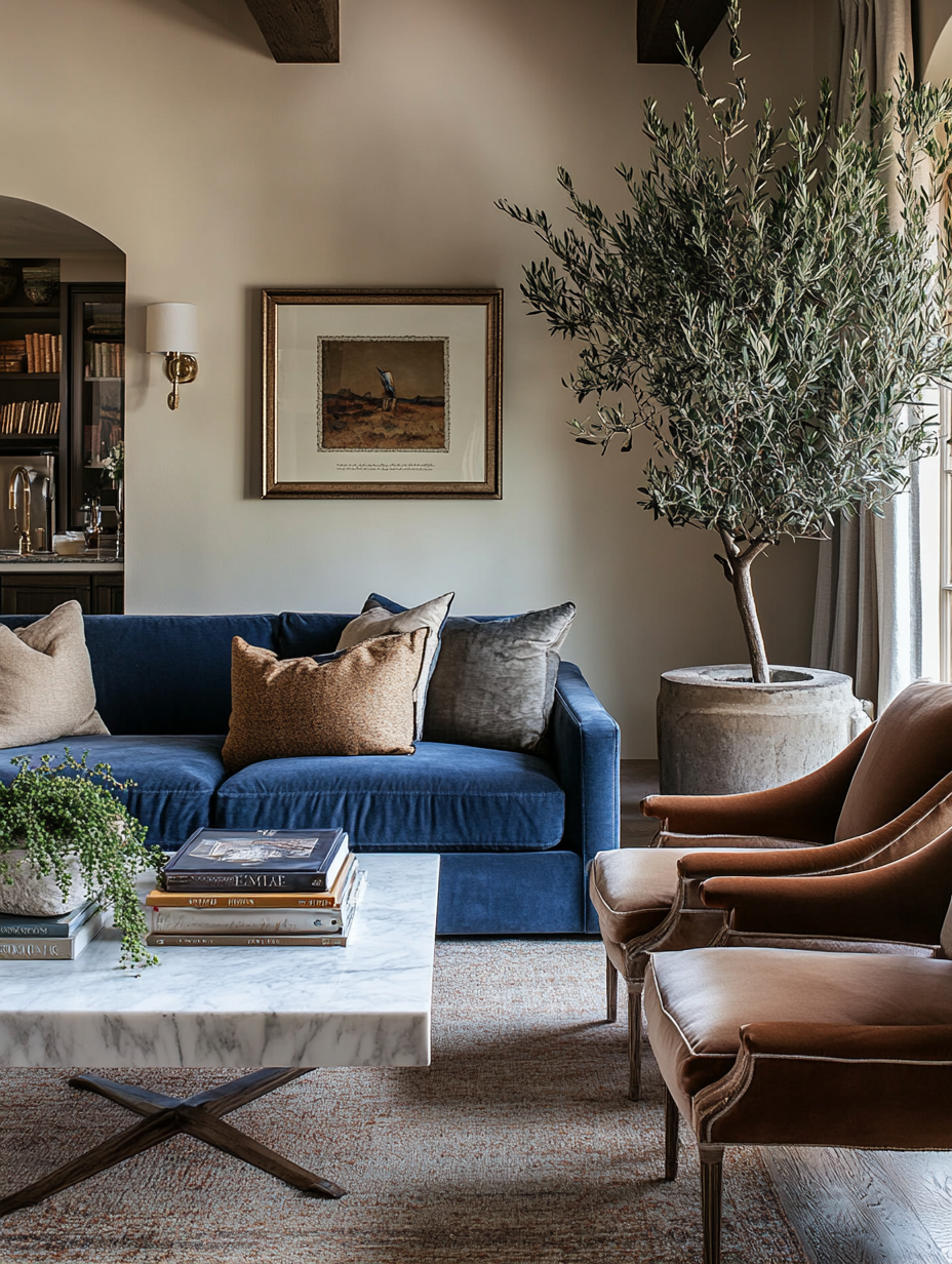 Minimalist designer living room with blue sofa, marble coffee table, neutral tones, and curated decor creating calm and clarity.