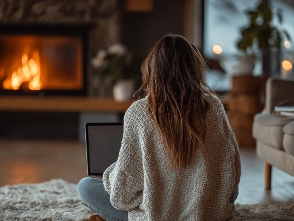 Woman sitting on the floor with a laptop near a fireplace, reflecting quietly on personal interests and inner clarity.