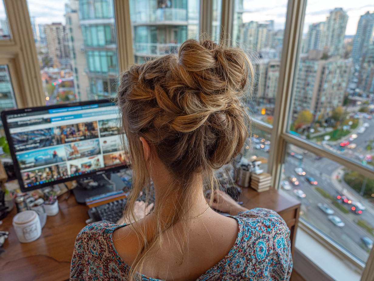 Content creator working at a desk with a city view, consuming information and researching as part of a creative career