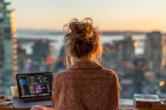 A woman working peacefully on her laptop at sunset, representing living the list through meaningful work, creative fulfillment, and ikigai.