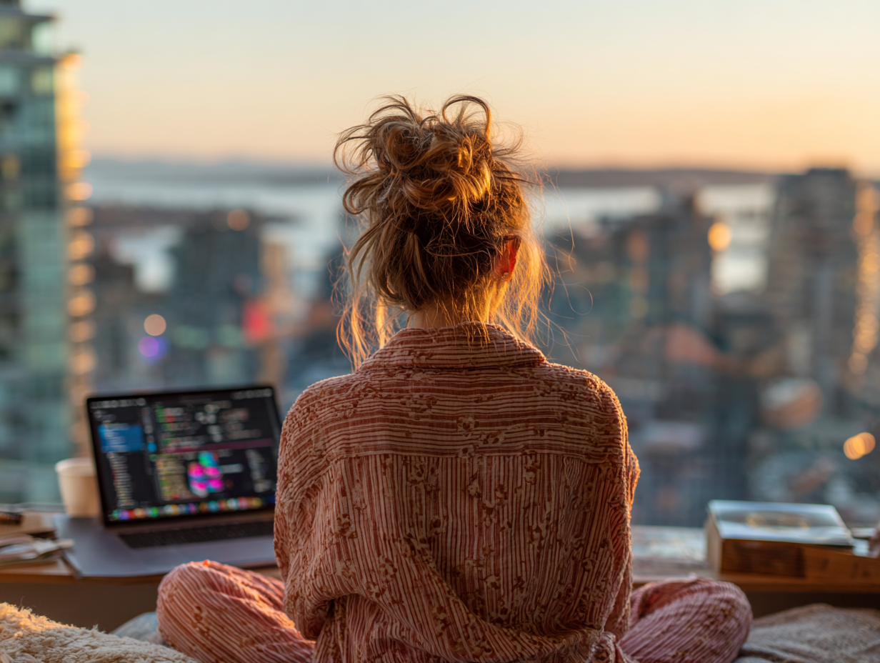 A woman working peacefully on her laptop at sunset, representing living the list through meaningful work, creative fulfillment, and ikigai.