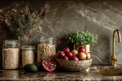 Modern kitchen counter with jars of grains, legumes, fresh fruit, herbs, and healthy ingredients organized for a macro-based lifestyle