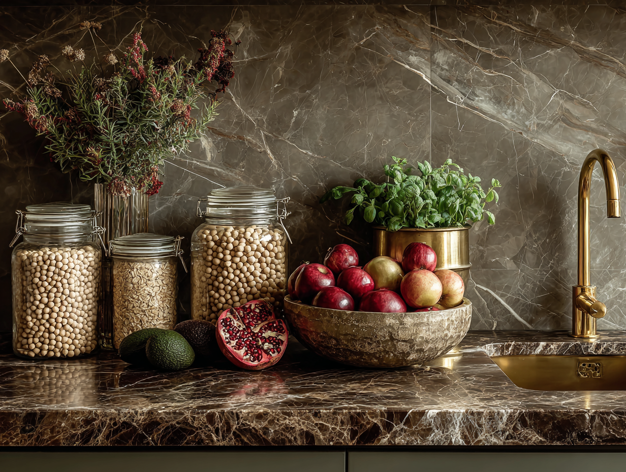Modern kitchen counter with jars of grains, legumes, fresh fruit, herbs, and healthy ingredients organized for a macro-based lifestyle