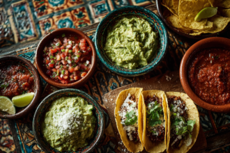 Traditional Mexican food with guacamole, salsa, tacos, and chili-based sauces showcasing Mexican spices