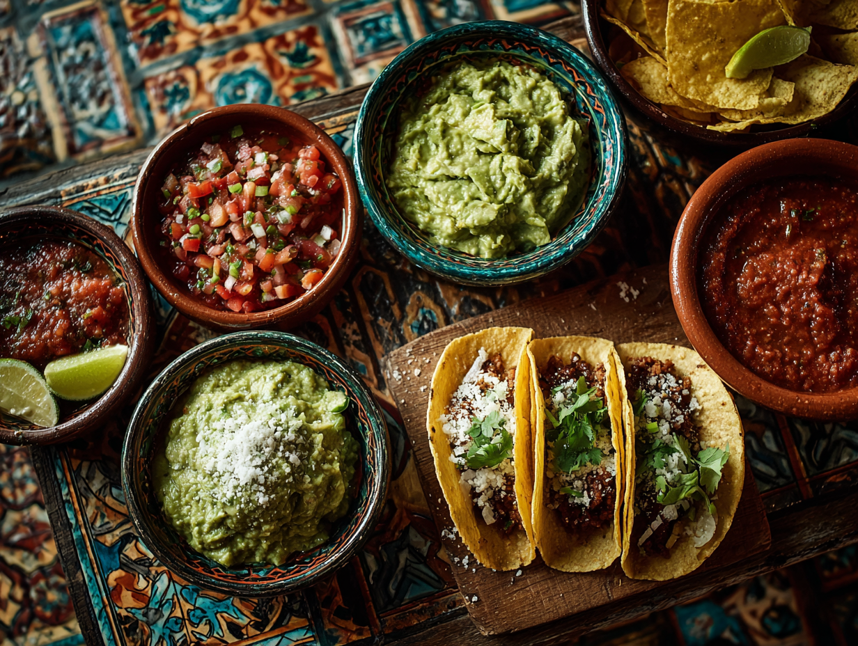 Traditional Mexican food with guacamole, salsa, tacos, and chili-based sauces showcasing Mexican spices