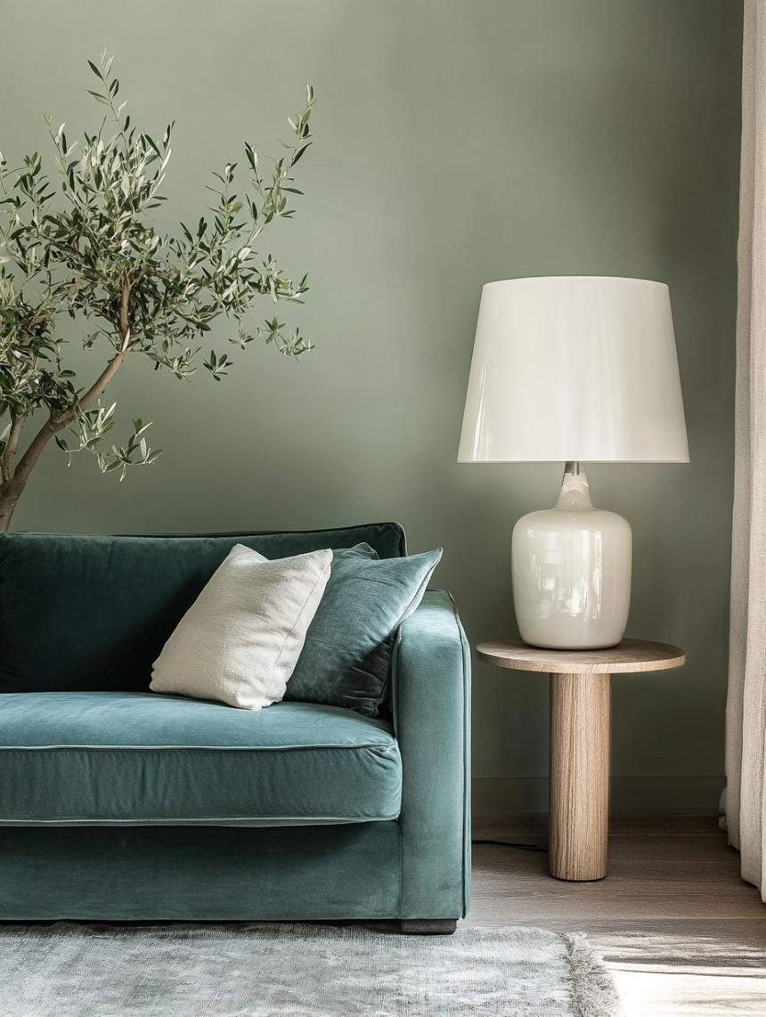 Elegant minimalist living room with soft green walls, velvet sofa, sculptural table lamp, and greenery creating a warm, refined space.