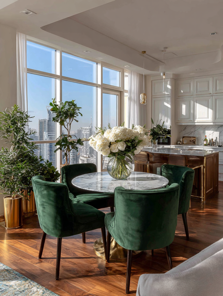 Luxury high-rise living room and dining area with floor-to-ceiling windows and city skyline views