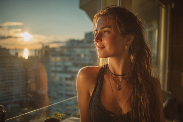 Woman enjoying a peaceful morning sunrise with coffee, practicing slow living and nervous system regulation.