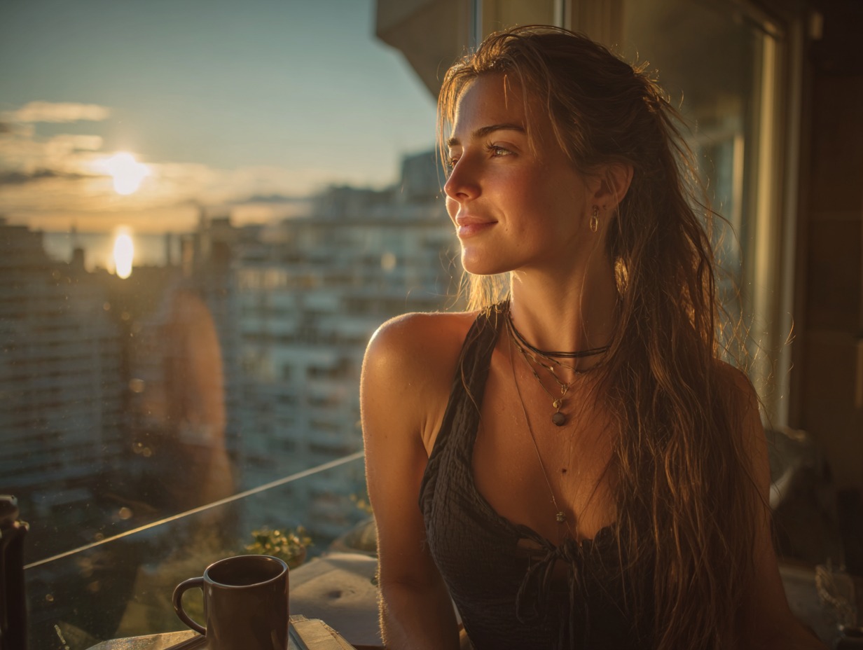 Woman enjoying a peaceful morning sunrise with coffee, practicing slow living and nervous system regulation.