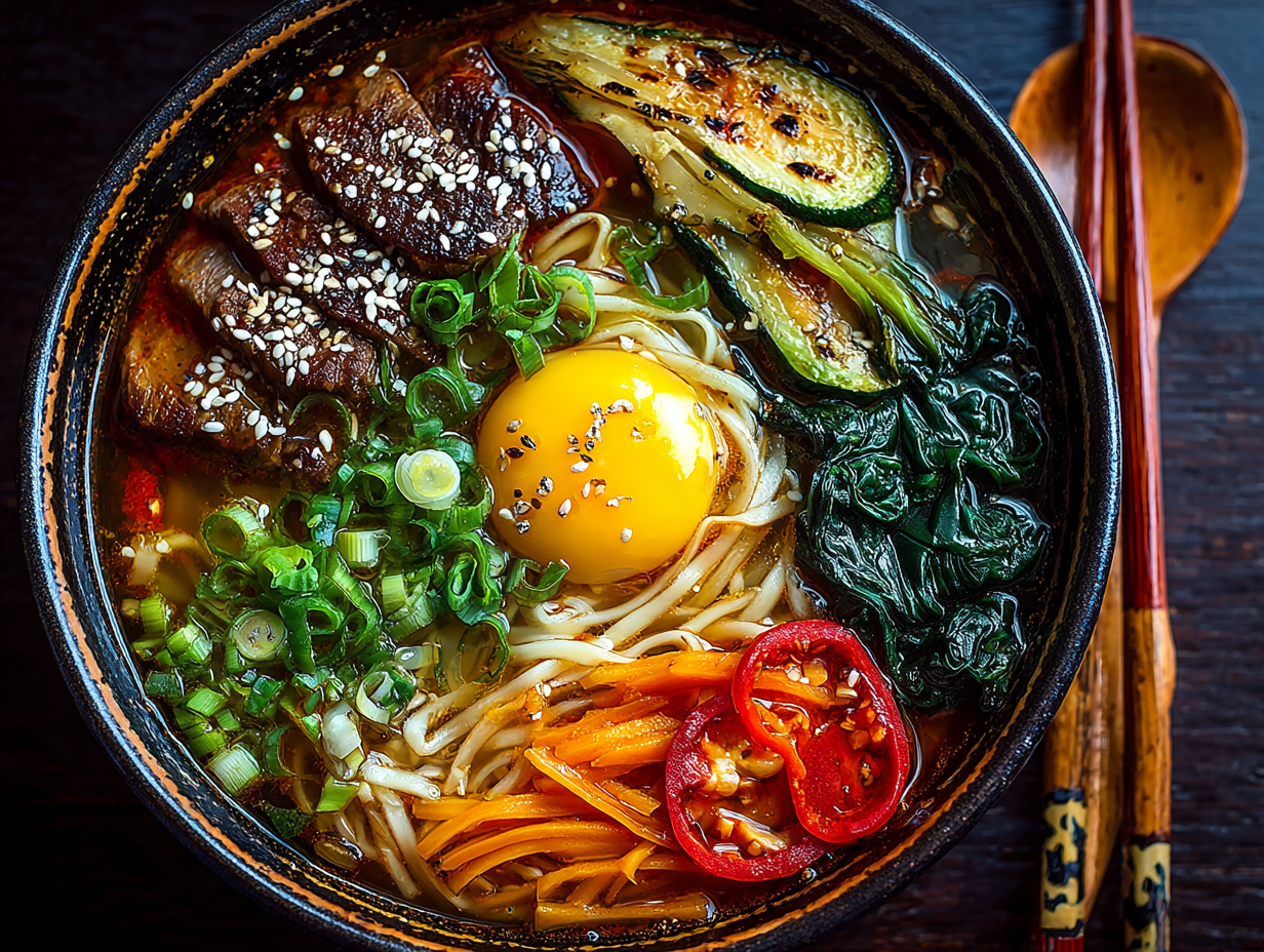 Traditional Japanese bowl with vegetables, noodles, egg, and broth representing balanced and nourishing cuisine