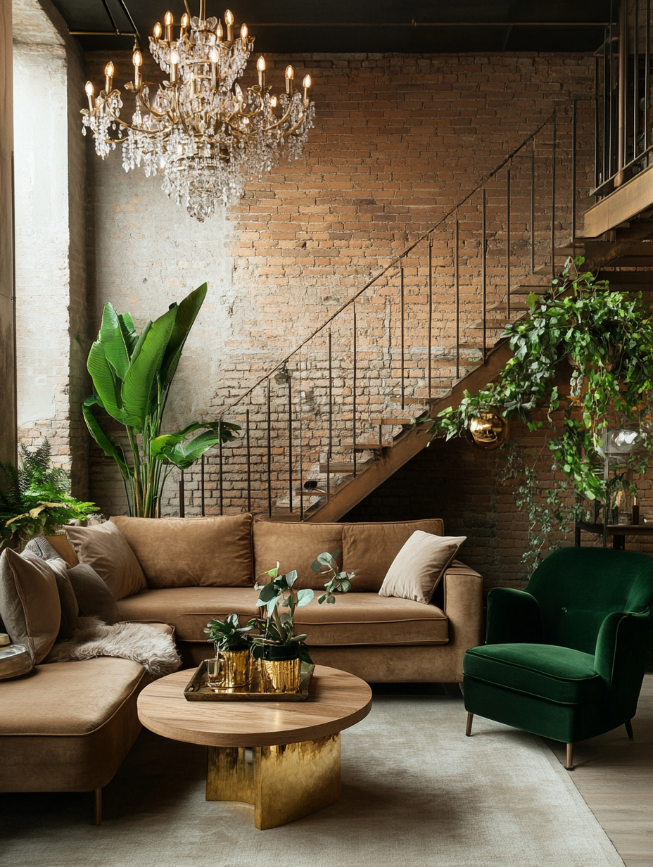 Maximalist designer living room with chandelier, exposed brick walls, greenery, and layered furniture creating a bold yet curated space.