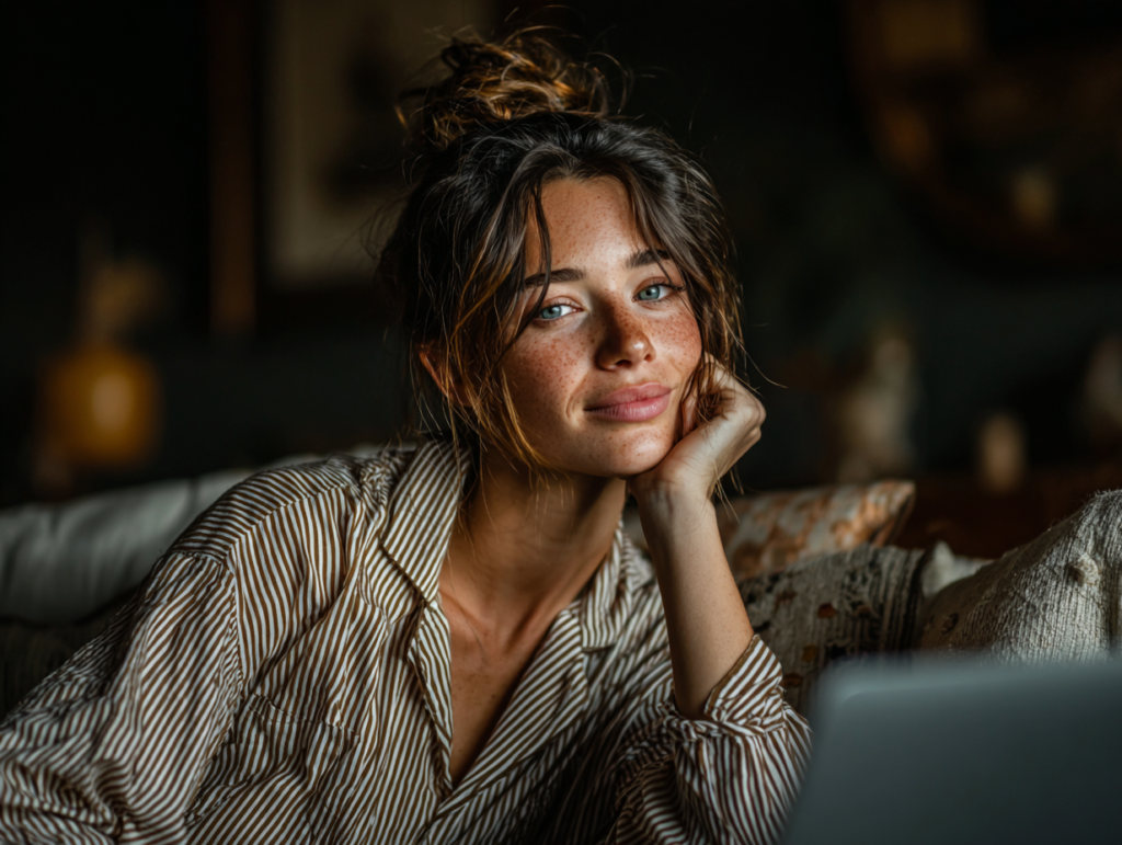 A calm woman resting thoughtfully, representing emotional balance, self-awareness, and creative clarity.