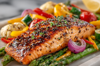 Protein and fiber-rich meal with salmon, asparagus, and colorful vegetables
