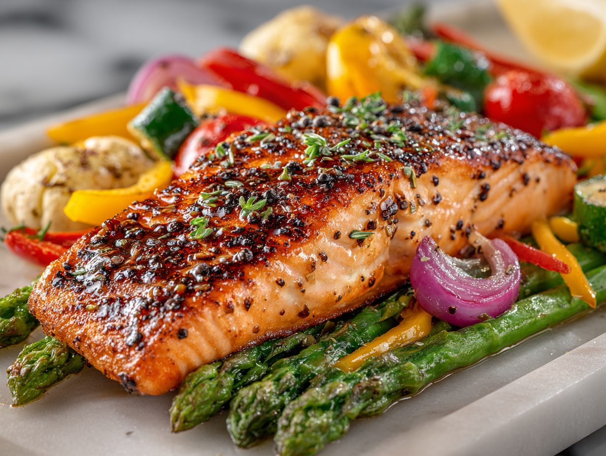 Protein and fiber-rich meal with salmon, asparagus, and colorful vegetables