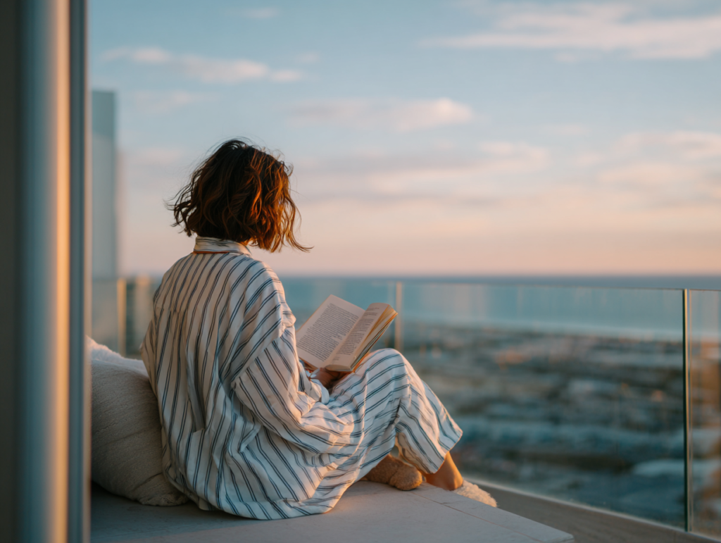 Person reading a book on a balcony at sunset, representing learning, reflection, and knowledge consumption for creators