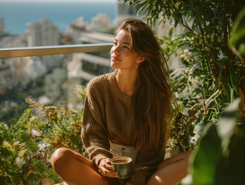 Woman in a brown sweater sitting among plants on a balcony, soaking in sunlight with a peaceful expression and cup of coffee.