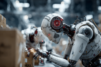 Humanoid robot working on a factory production line representing artificial intelligence and automation