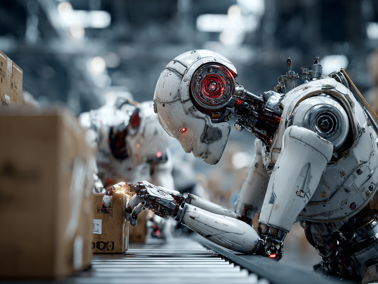 Humanoid robot working on a factory production line representing artificial intelligence and automation