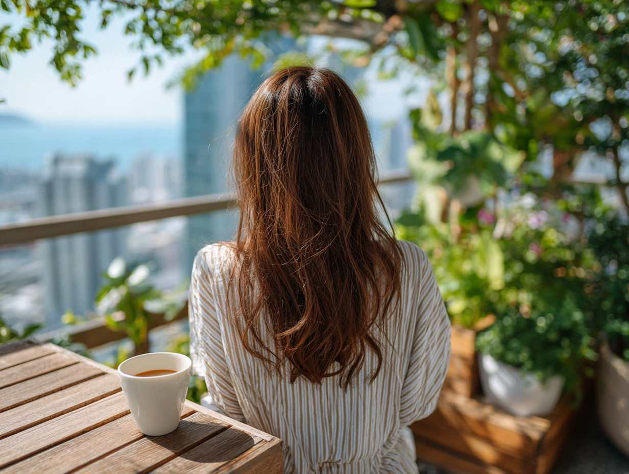 Woman enjoying a slow morning coffee in Italy overlooking greenery and city views