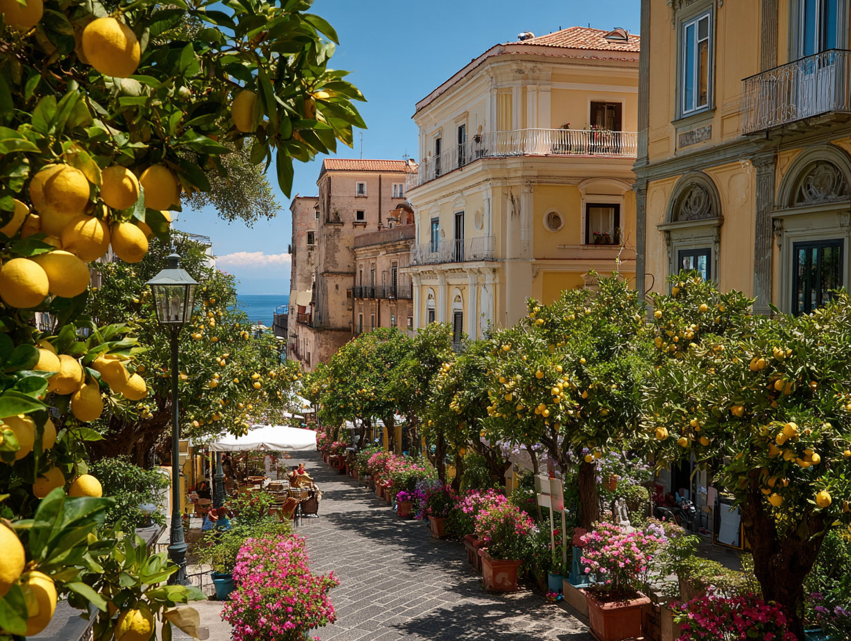Street in Sorrento lined with lemon trees and historic buildings overlooking the sea