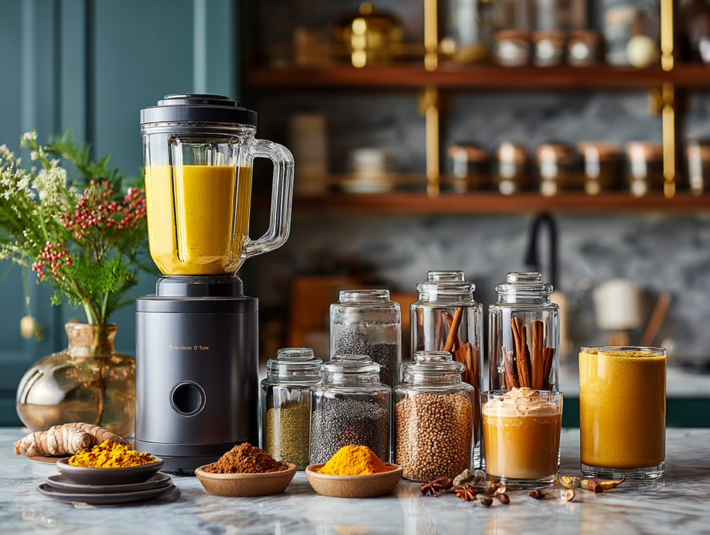 Modern kitchen counter with smoothie blender, spice jars, seeds, and protein ingredients organized neatly