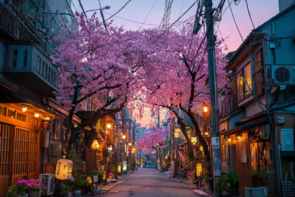 Quiet street in Japan lined with cherry blossom trees in full bloom during spring season
