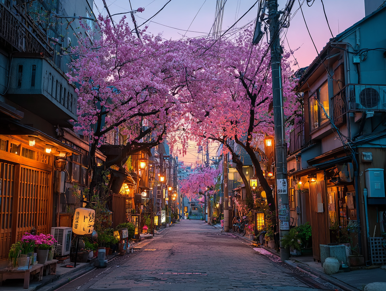 Quiet street in Japan lined with cherry blossom trees in full bloom during spring season