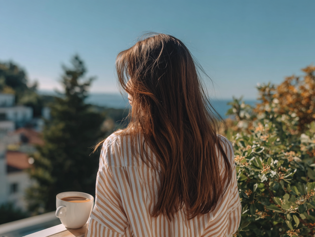 Woman sitting outdoors with a morning coffee, looking into the sun and enjoying nature and slow living.