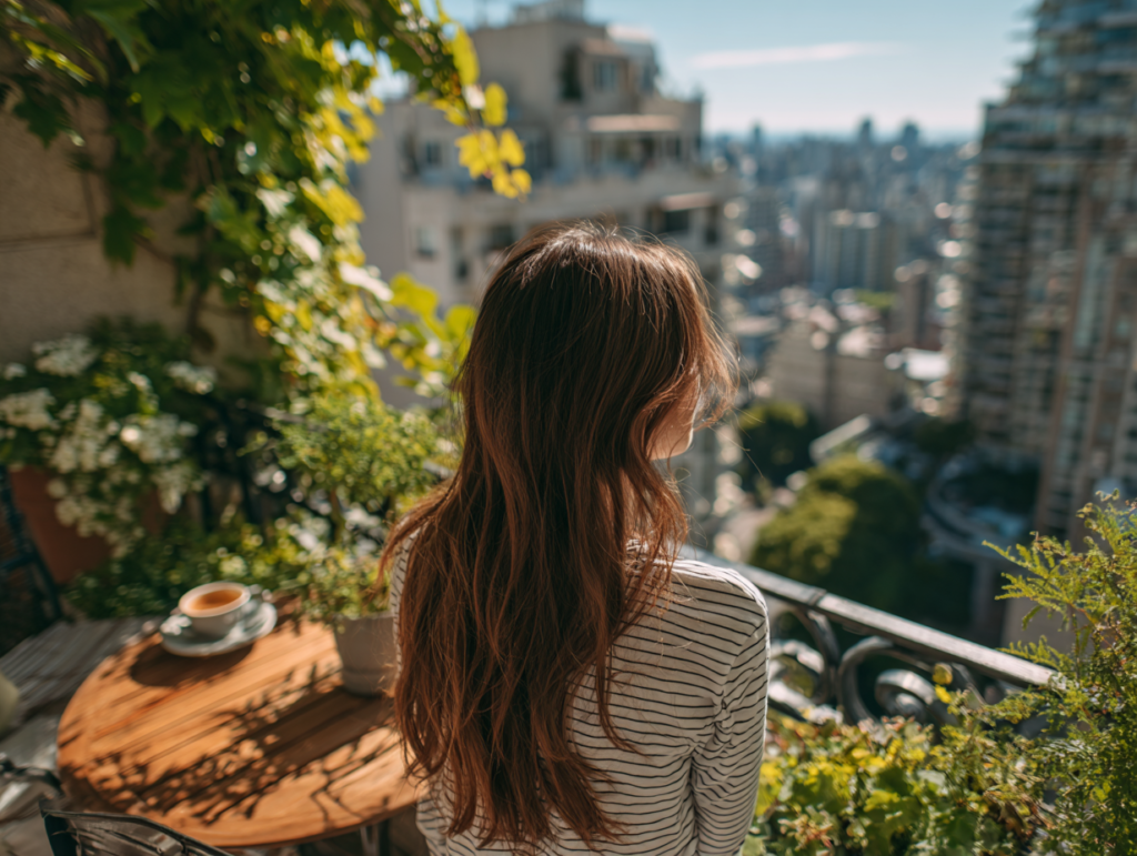 Woman standing on a lush urban balcony, taking in the view with a cup of coffee — embracing slow living and stillness.