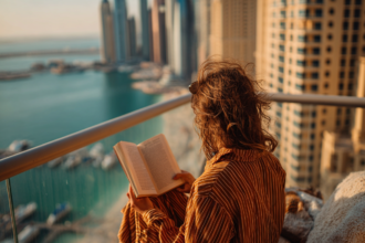 Reading Think and Grow Rich on a balcony overlooking a city — a timeless success mindset book