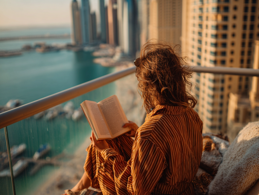 Reading Think and Grow Rich on a balcony overlooking a city — a timeless success mindset book
